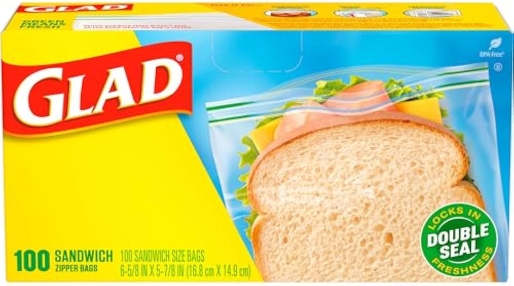 Glad Zipper Food Storage Plastic Bags, Sandwich, 100 Count (Package May Vary)