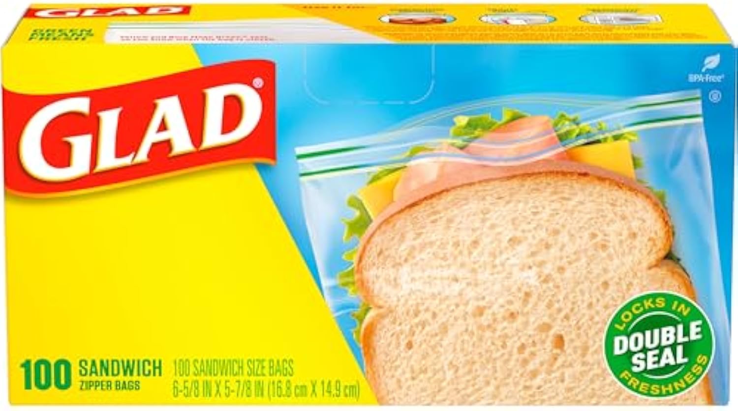 Glad Zipper Food Storage Plastic Bags, Sandwich, 100 Count (Package May Vary)