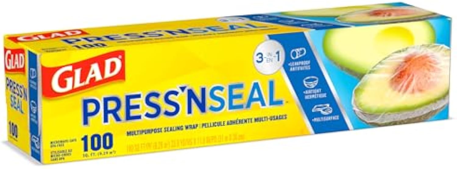 Glad Press'N Seal Plastic Food Wrap, 100 Square Foot Roll, Pack of 3, (Package May Vary)