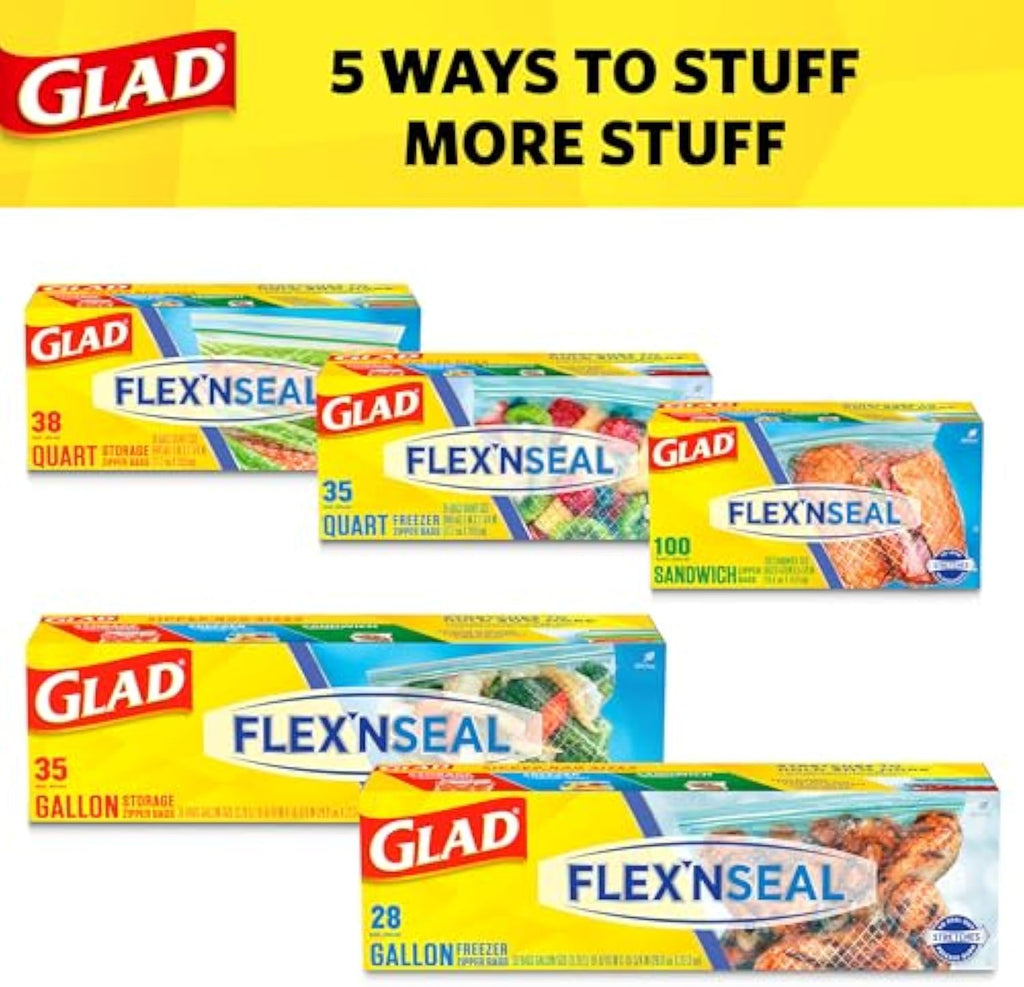 Glad Flex'N Seal Food Storage Plastic Bags, Sandwich, 100 Count, Pack of 4 (Package May Vary)