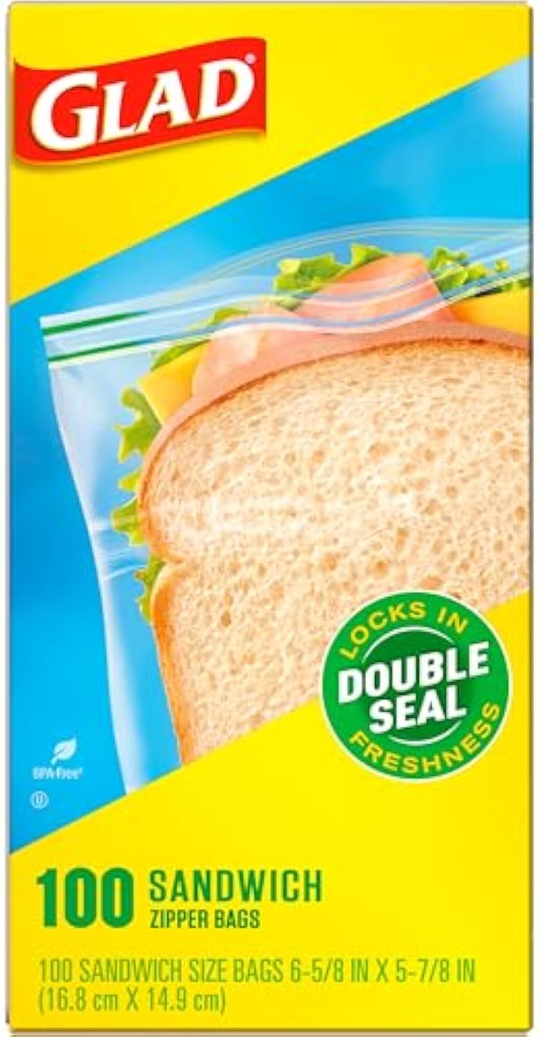 Glad Zipper Food Storage Plastic Bags, Sandwich, 100 Count (Package May Vary)