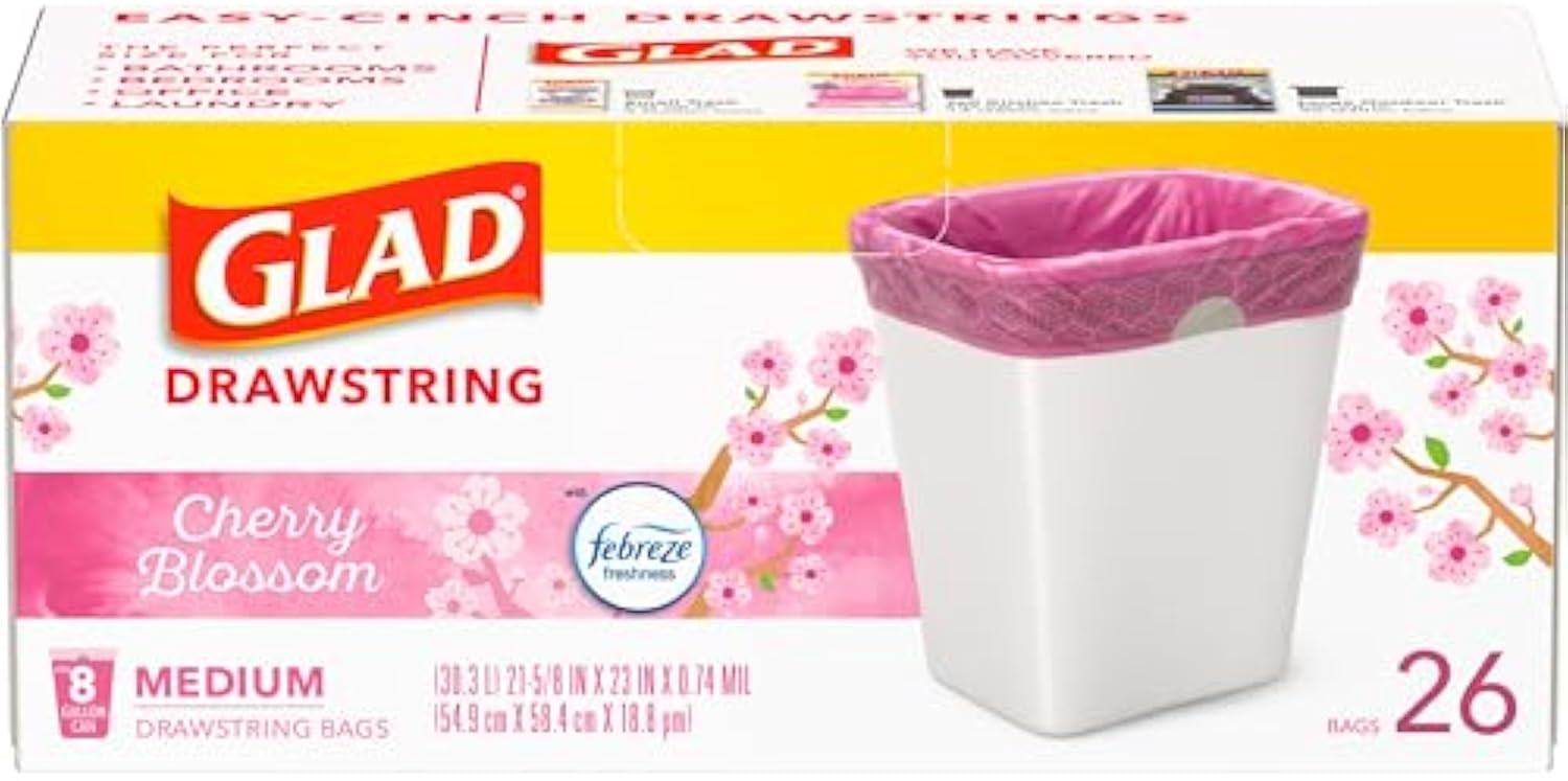 Glad OdorShield Medium Trash Bags, 8 Gal, Febreze Cherry Blossom, 26 Ct (Package May Vary)
